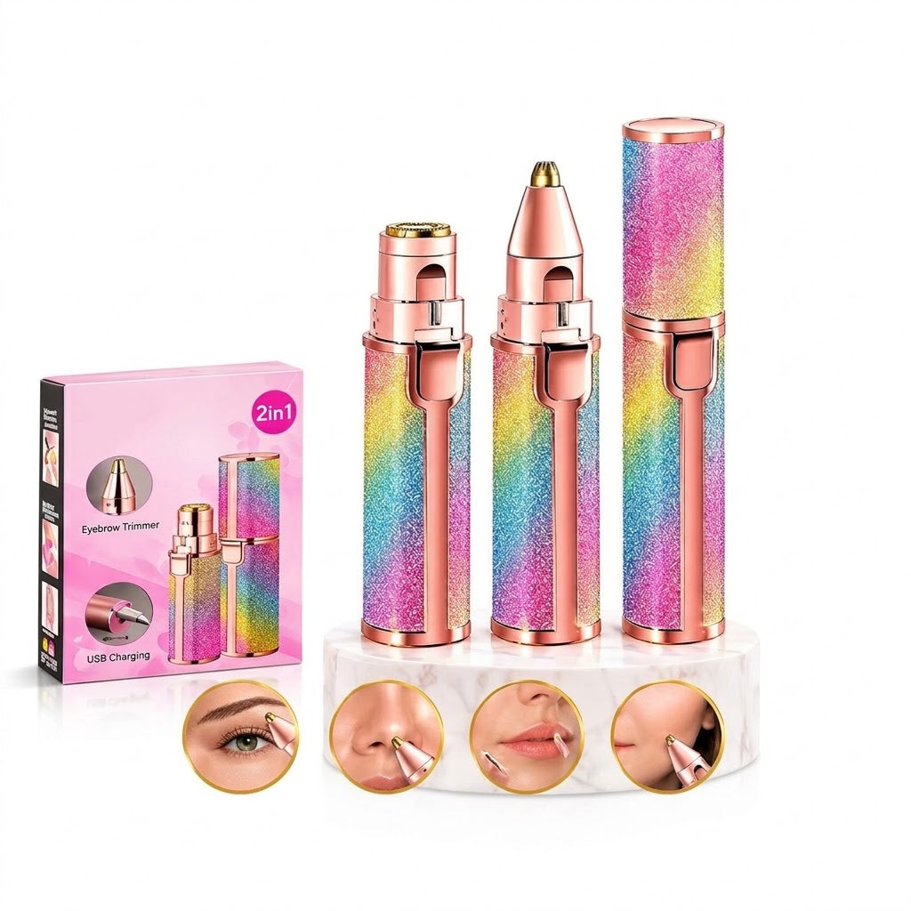 Rainbow-glitter 2-in-1 eyebrow trimmer and facial hair remover with rose-gold accents and packaging
