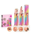 Rainbow-glitter 2-in-1 eyebrow trimmer and facial hair remover with rose-gold accents and packaging