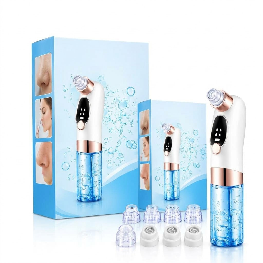 White and blue pore vacuum facial cleaner with rose-gold accents, interchangeable attachments and packaging