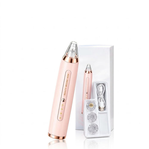 Pink pore vacuum facial cleaner with rose-gold accents, interchangeable heads and USB cable