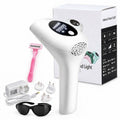 White IPL hair removal device with digital display, power adapter, plug fittings, razor and dark glasses