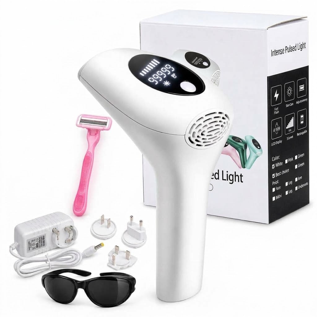 White IPL hair removal device with digital display, power adapter, plug fittings, razor and dark glasses