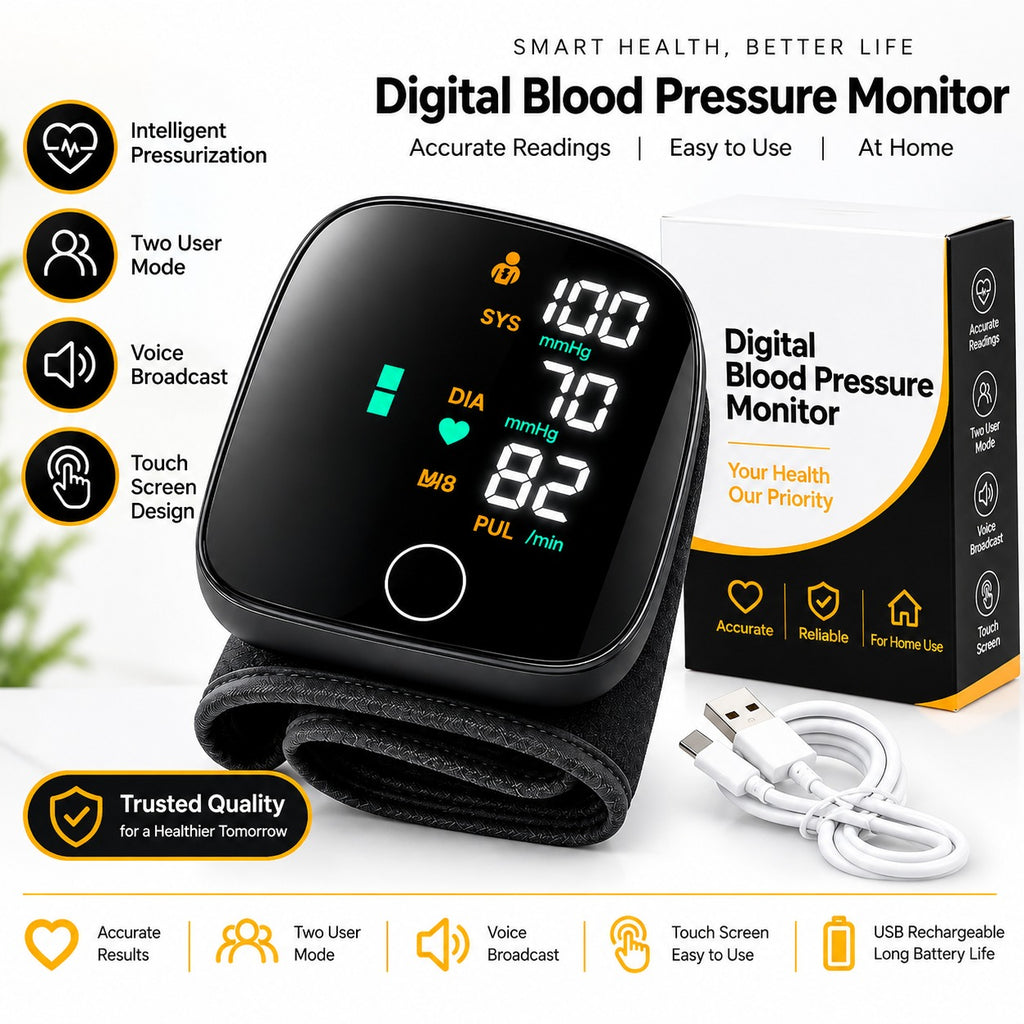 Digital blood pressure monitor promotional image showing display, two-user mode, voice broadcast and USB charging