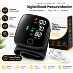Digital blood pressure monitor promotional image showing display, two-user mode, voice broadcast and USB charging