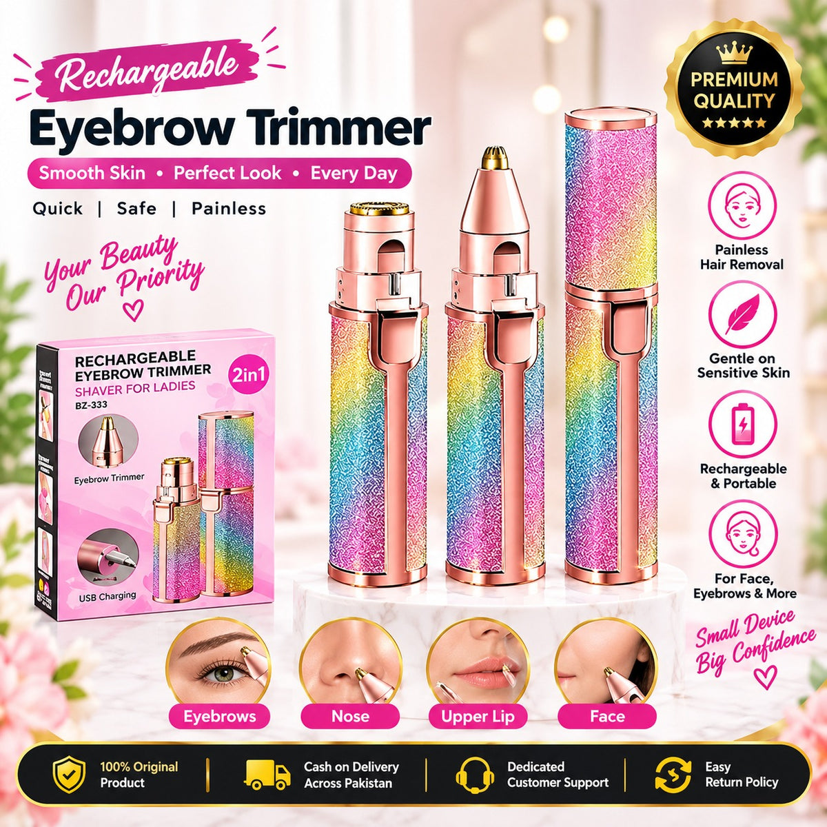 Rechargeable BZ-333 eyebrow trimmer promotional image showing two grooming heads and USB charging