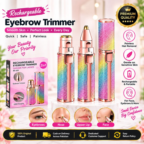 Rechargeable BZ-333 eyebrow trimmer promotional image showing two grooming heads and USB charging