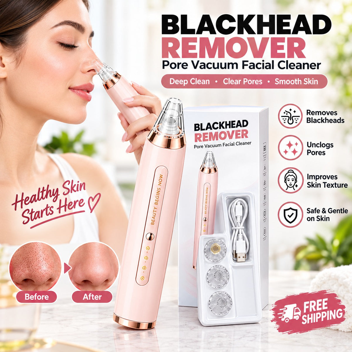 Promotional image of pink blackhead remover pore vacuum with attachments and packaging
