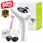 Promotional image of white IPL hair removal device and accessories with discount and warranty text