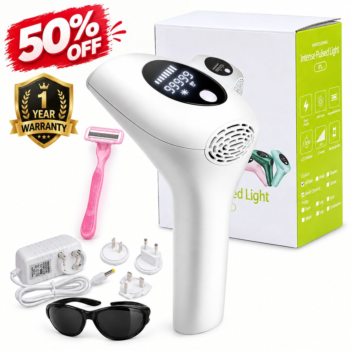Promotional image of white IPL hair removal device and accessories with discount and warranty text