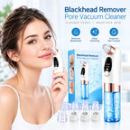 Promotional image showing a white and blue blackhead remover pore vacuum and its attachments