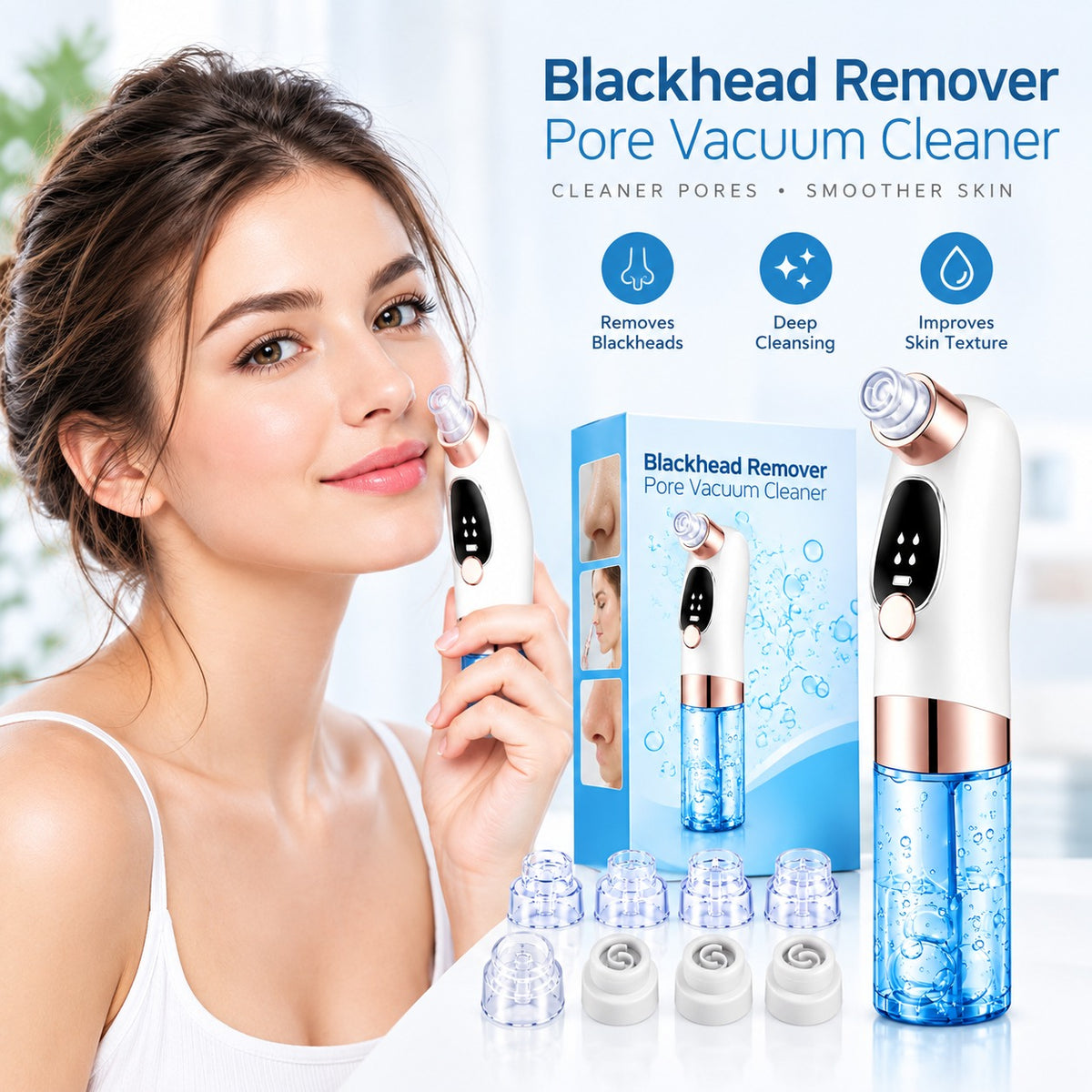 Promotional image showing a white and blue blackhead remover pore vacuum and its attachments